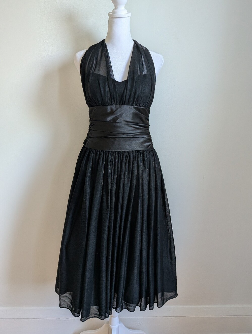 Vintage Y2K Jump Black Gothic Halter Midi Dress Satin Ruched Waist Glittery Mesh